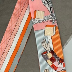 HERMES Logos Tie Twilly Scarf 100% Silk Orange Lion Made In France